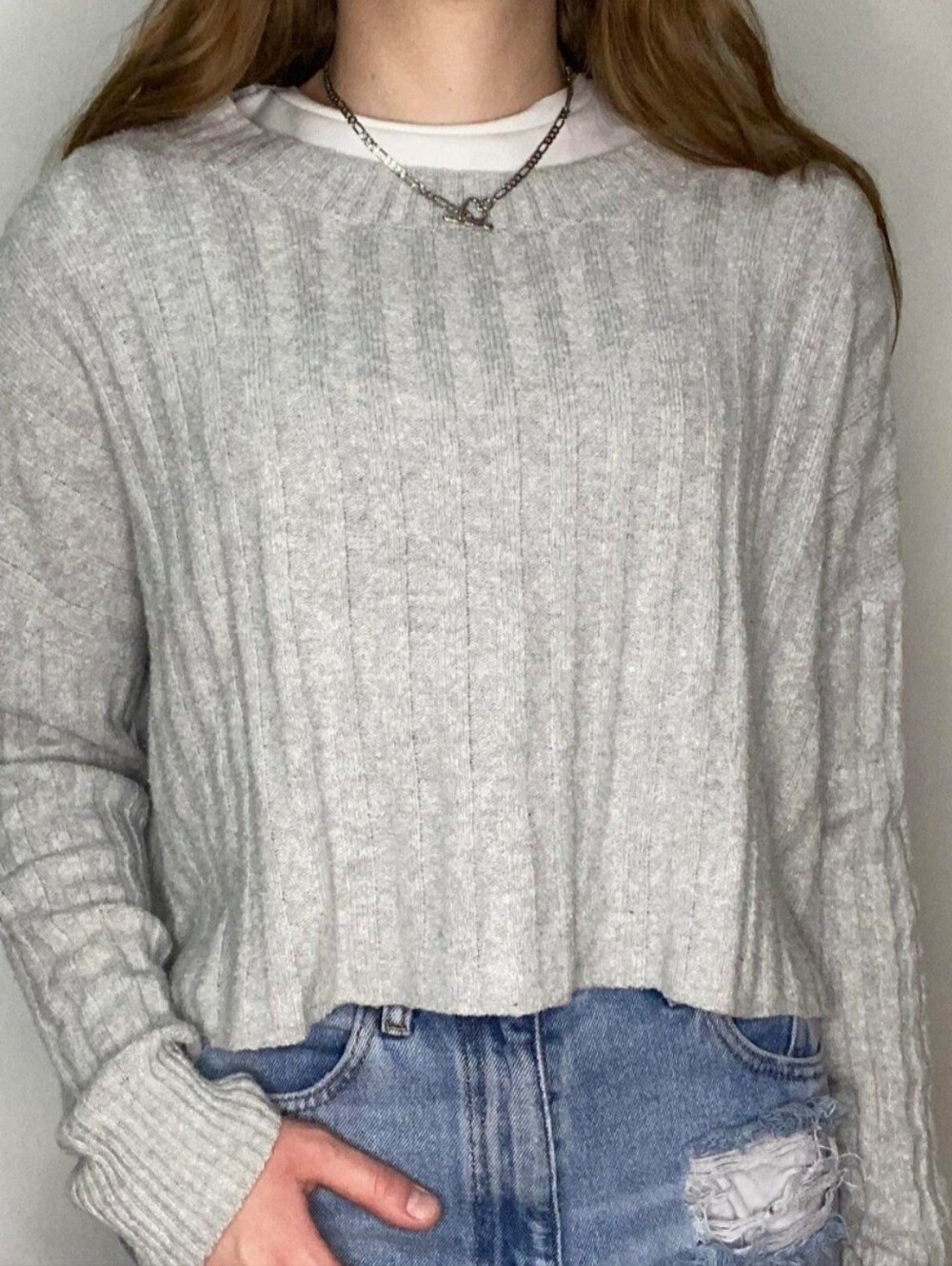 American Light Gray Ribbed Crewneck Sweater NWOT Medium
